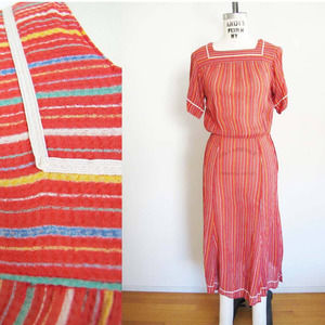 Vintage 80s Albert Nipon Dress XS S - 1970s Red Multicolor Stripe Midi